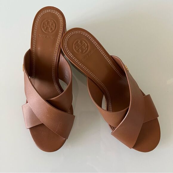 Tory Burch Crossover Sandal Wedge Slide Tan Leather Cork Heel Comfy Size 7 - Picture 1 of 6
